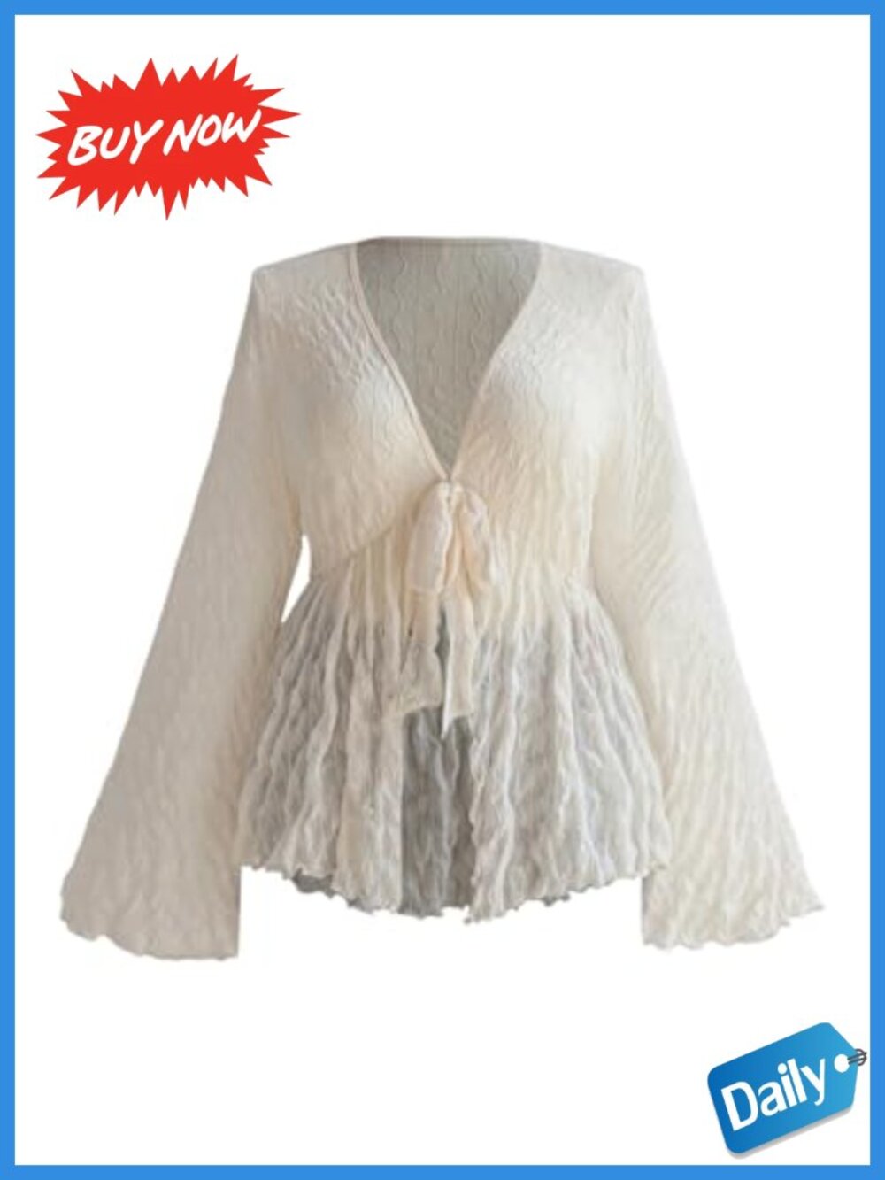 Plus Size Mesh Bell Sleeve Peplum Babydoll Blouse Tie Front